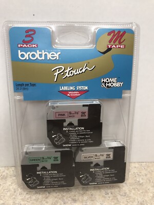 Brother ME793 P-Touch M Tape 3/Pack, Black on Pink, Green and Silver, Brand New