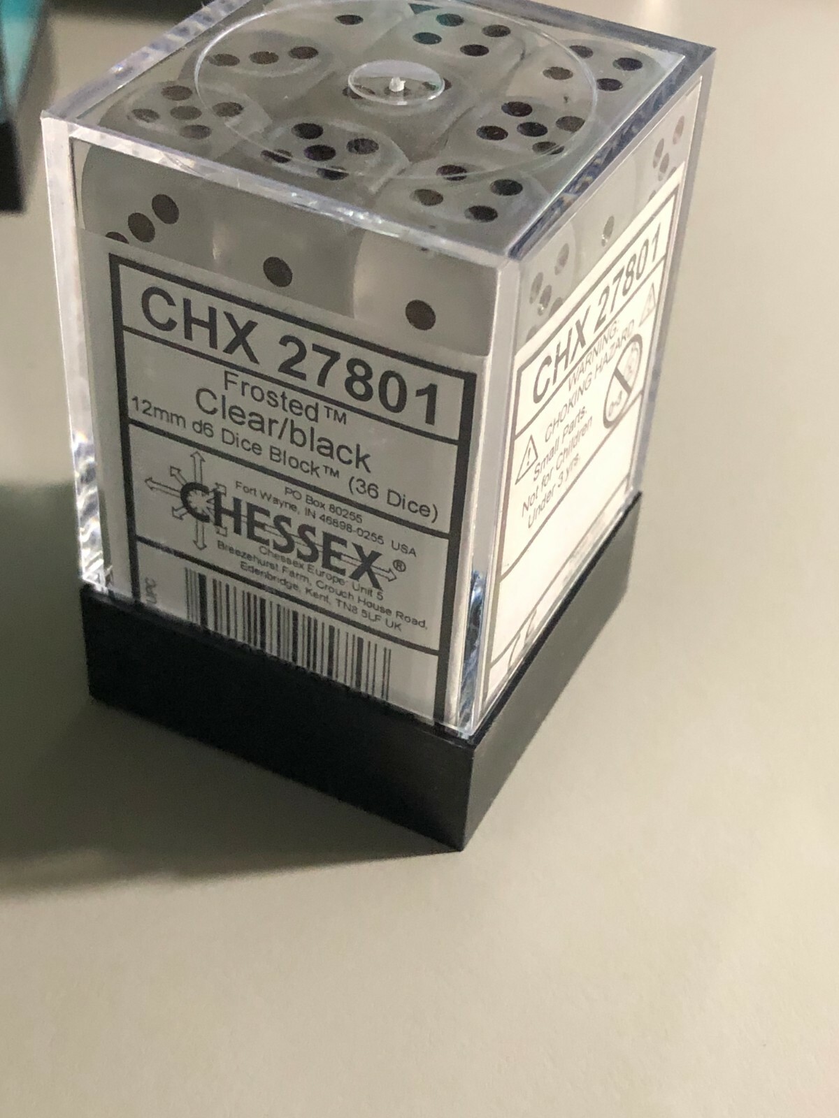 CHESSEX D6 Dice Set 12mm - Frosted Clear w/ Black Pips - 36 CHESSEX D6 Dice Set 12mm - Frosted Clear w/ Black Pips - 36