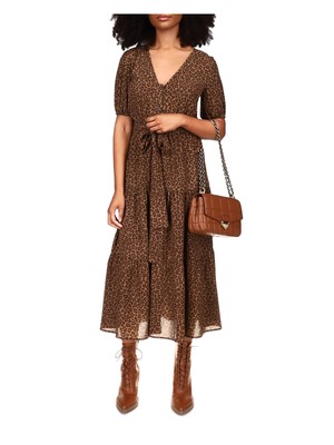 MICHAEL MICHAEL KORS Женская коричневая миди-рубашка с V-образным вырезом и коротким рукавом с анималистическим принтом