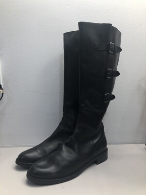 Ecco Women Black Hobart Leather Riding Knee High Boots 3 Buckle Sz 10.5