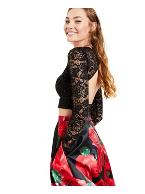 B DARLIN Womens Long Sleeve Full-Length Prom Fit + Flare Crop Top Dress