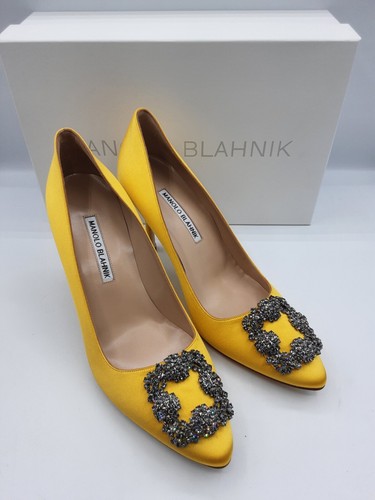 Pre-owned Manolo Blahnik Hangisi 90 Yellow Satin Jewel Buckle Pumps Heels Eu 37 Us 7 $1195