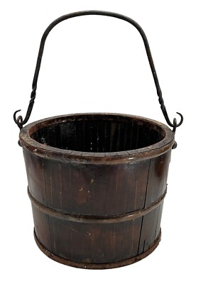 6.5'' ANTIQUE WOOD BUCKET HAND FORGED TWISTED HANDLE WELL WATER BUCKET