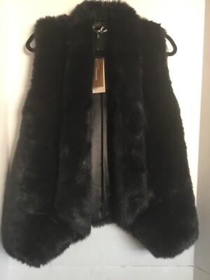 NWT Francesca's Kiss & Tell Faux Fur Black Plush Vest S Shawl Collar Open Front