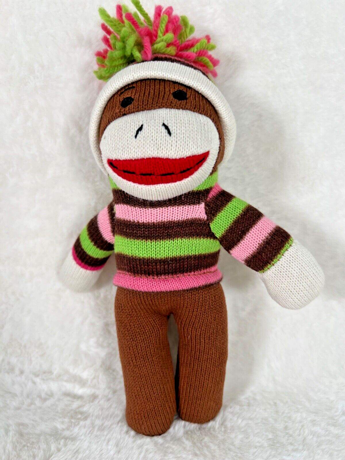 Dan Dee Sock Monkey Stuffed Animal 10" Plush Green Brown Pink Sweater & Pom Hat