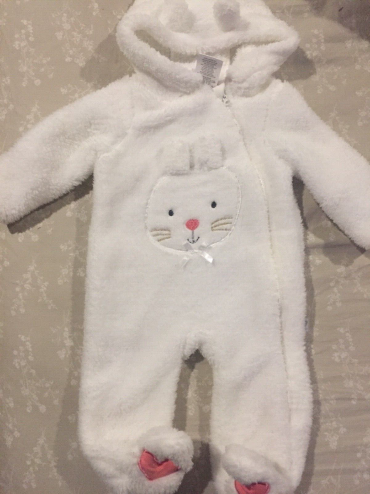 3 6 M Little Joy Ivory Bunny Rabbit Hooded Bunting Footed Snow Suit Girl EUC