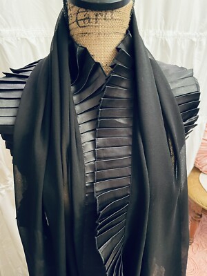 Cejon Black Semi Sheer Evening Scarf Wrap Pleated Trim All Around 25  X 70 