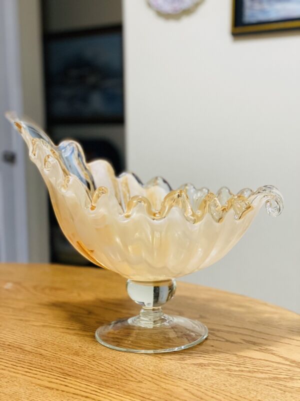 Gorgeous Lavorazione Arte Amber Glass Large Pedestal Vase Centerpiece Italy