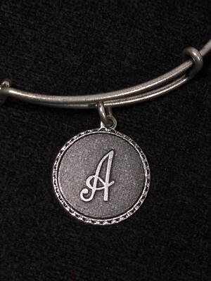 Silver Tone Initial Letter A Round Charm Expandable Bangle Bracelet Minimalist