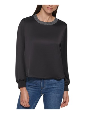 

CALVIN KLEIN Женский черный эластичный топ с длинными рукавами и круглым вырезом