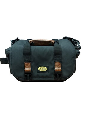 CANON Camera Bag Case Black Canvas Shoulder Strap Compartments leather VTG