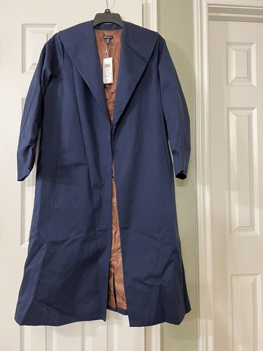 Pre-owned Eileen Fisher Large $498  Midnight Organic Cotton Twill Wide Collar Long Coat