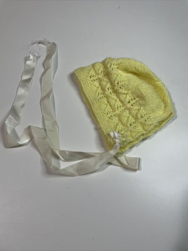 Vintage Baby Bonnet Yellow Sweater Hat With Cream Ribbon Neck Strap Unisex