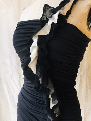 Feel Free London Dress Black White One Shoulder Elastane Ruched Sexy Rare Sz S/M