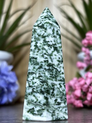 TREE AGATE TOWER- Mineral Point Green Moss Reiki Chakra Meditation Crystal Decor
