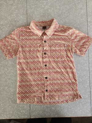 TEA Collection Boys Size 8 Short Sleeve Shirt Orange Terracotta Pattern EUC 