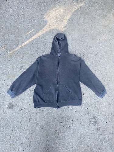 00s RUSSELL ATHLETIC ZIP UP HOODIE Vintage 2000s Russell Athletic Faded Black Zip Up Hoodie Men\u0027s 2XL  Distressed