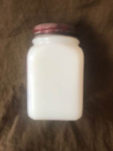 1 DEPRESSION ERA MILK GLASS SPICE JAR RED LID BLUE DUTCH THEME FIGURES