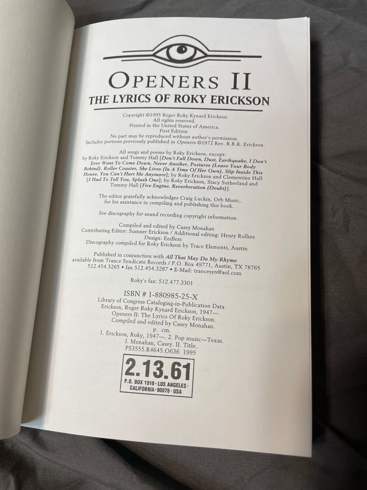 Roky Erickson Openers II Lyric Book 13th Floor Elevators 1995 Rock Psych Aliens
