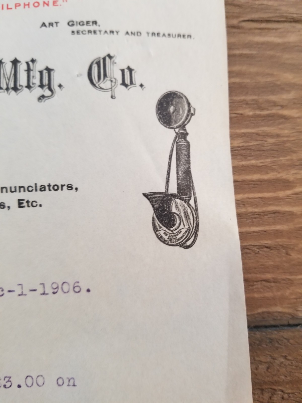 Vintage 1906 Advertising Billhead Milwaukee Telephone & Mfg. Co Wisconsin