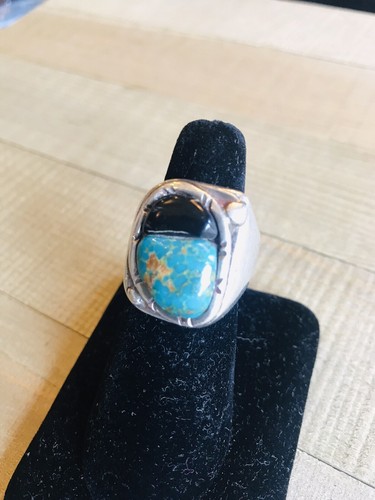 VINTAGE OLD SCHOOL Native American SILVER TURQUOISE ONYX HEAVY SIZE 7.25