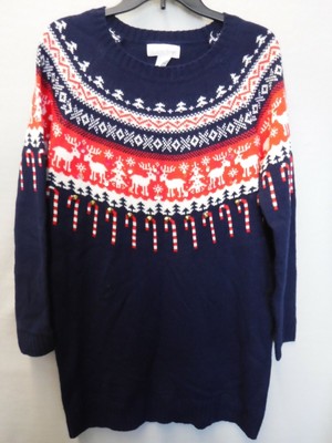 WOMENS MEDIUM FASHION HILL NAVY RED CANDY CANE JINGLE BELL SWEATER NEW #20401