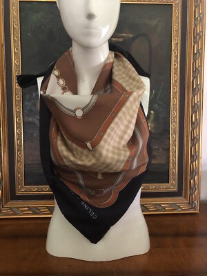 Celine Paris Washington New York 1984 Black Border Tan Check Silk Scarf   Vtg