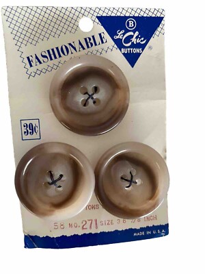 3 Brown Le Chic Marble Buttons 4 Holes Rim  New Old Stock On Card 1 1/4 