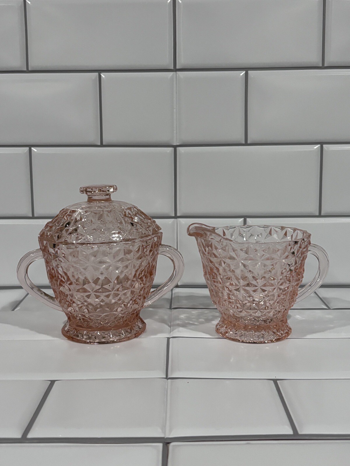 Vintage 1940’s Pink Depression Glass Creamer Sugar Set Jeanette Holiday Buttons