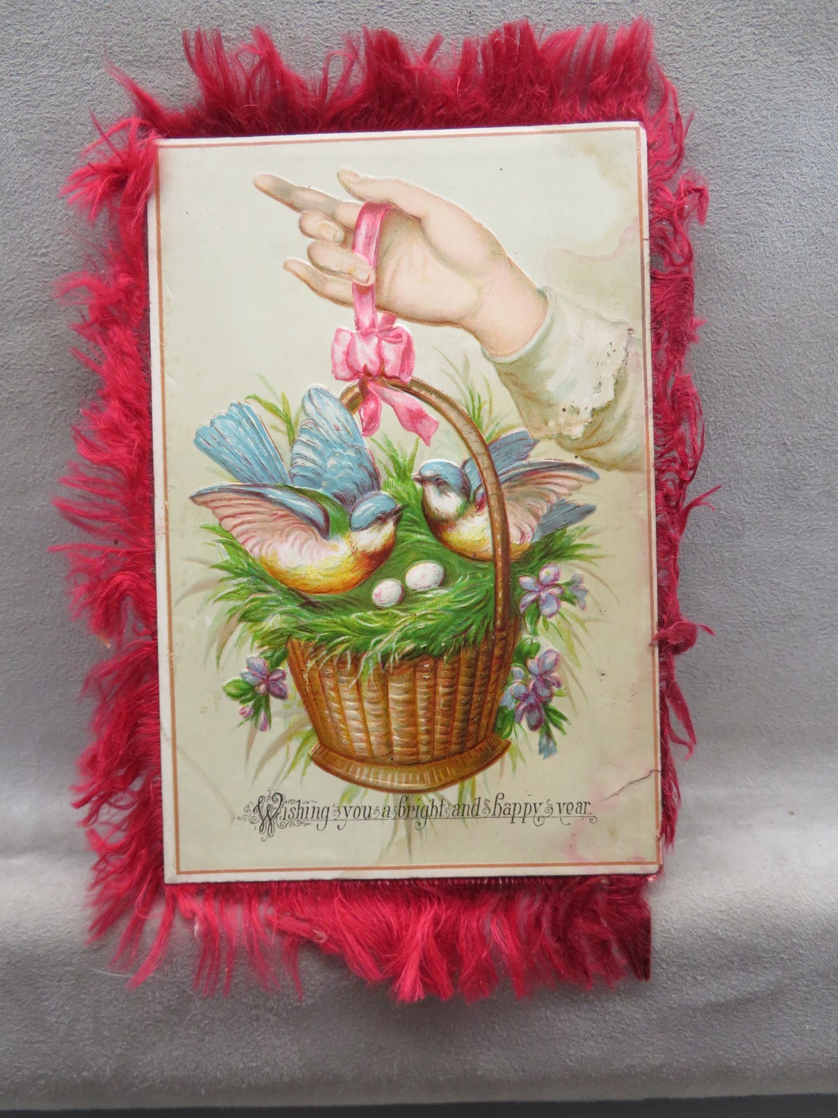 Victorian Christmas New Year's Card Silk Fringe Double Sided Basket, Birds, Eggs