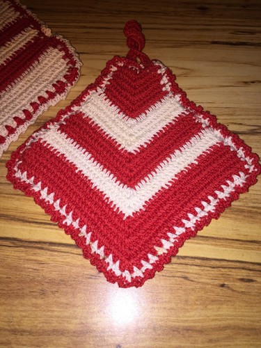 Two Vintage Pot Holders, Hot Pads, Kitchen Decor, Hand Crocheted, Red & White