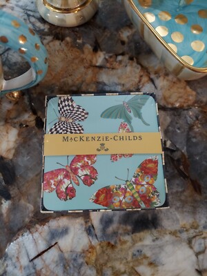 Mackenzie-Childs Blue Butterfly Garden Cork Back Coasters NIP