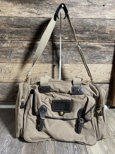 Vintage Eddie Bauer Ford Duffle Bag 20” Tan Canvas & Leather Weekender Carry On