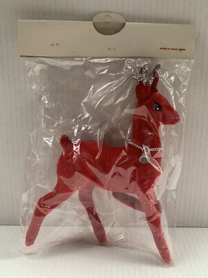 Vintage Red Flocked Christmas Reindeer Deer Silver Bell Glitter NOS