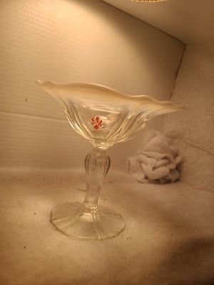 Rare Fenton Glass French Opal Footed Compote White Opalescent Painted Signed 