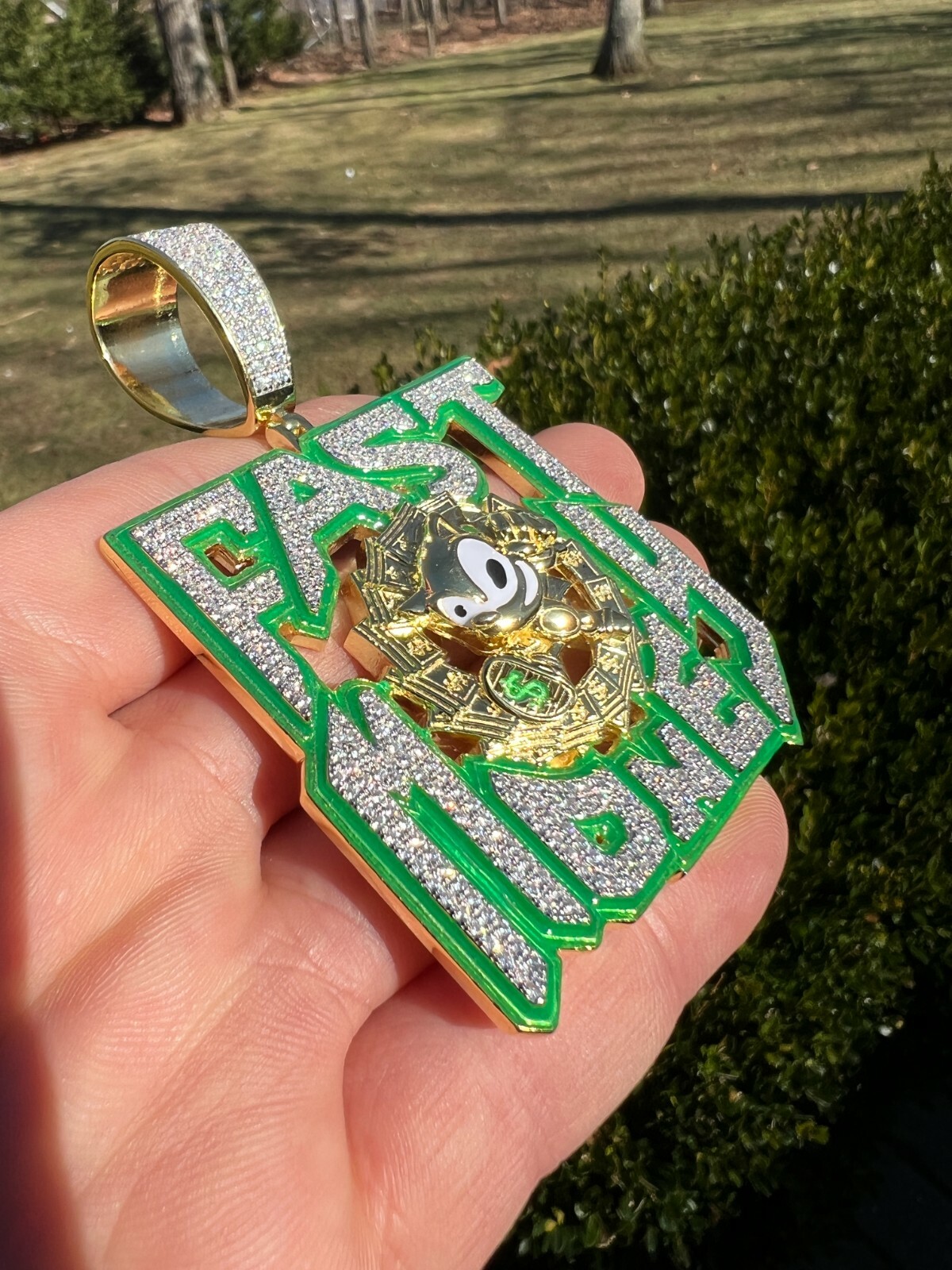 Pre-owned Silver Real 925  Gold Plated Cz Glows In Dark Fast Money Sonic Big Hiphop Pendant