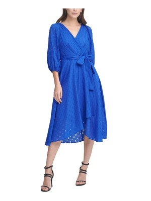 

DKNY Женское синее шифоновое вечернее платье миди с пышными рукавами 3/4 и искусственным запахом, Синий