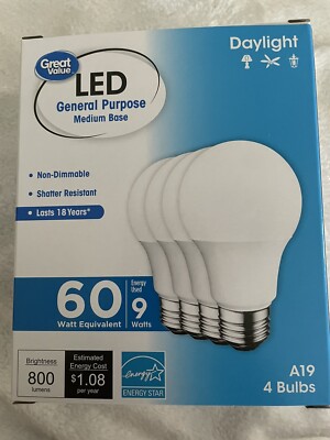 Great Value LED Light Bulb, 9W (60W Equivalent) A19 General Purpose Lamp E26 Med