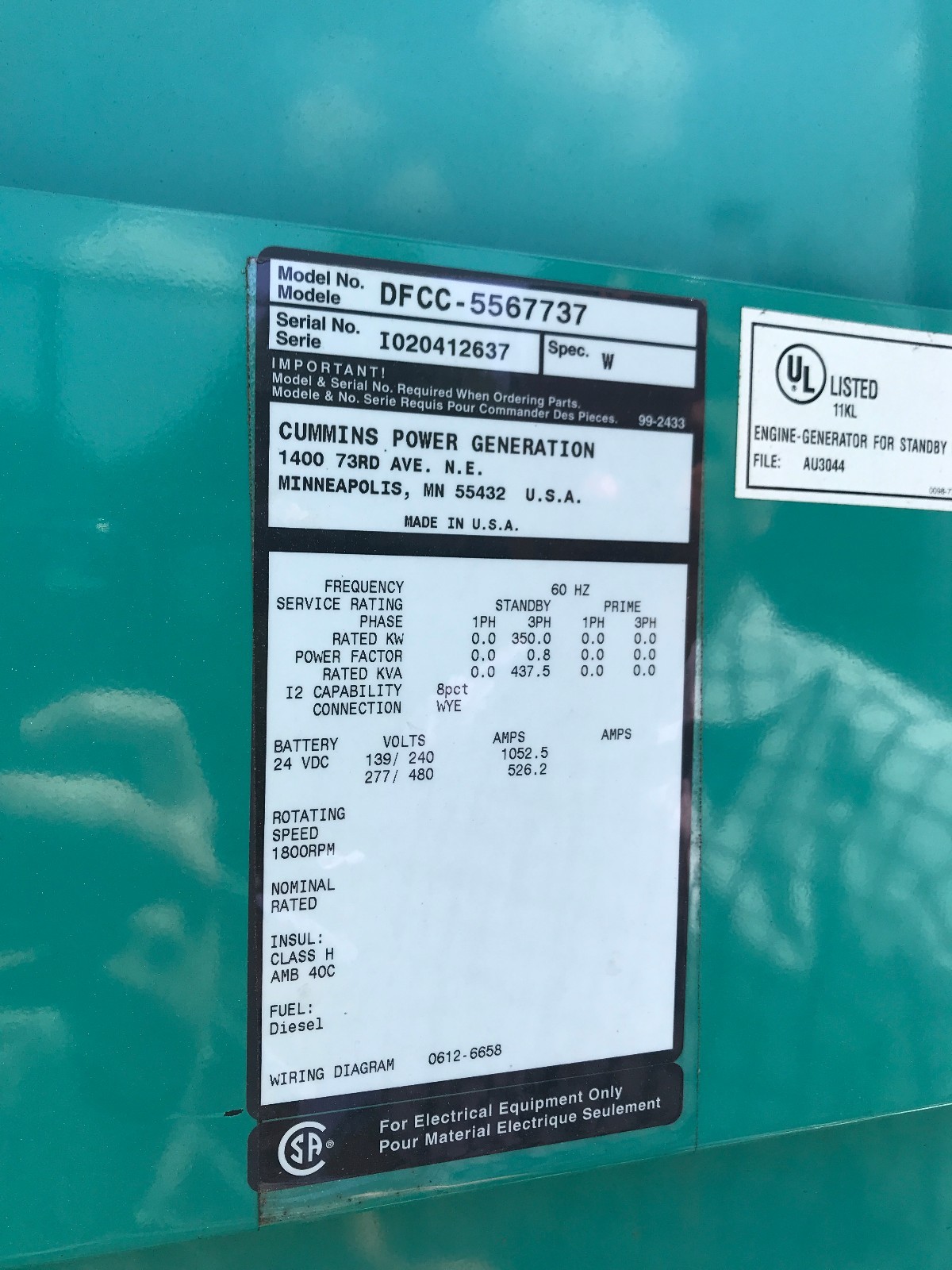 350 kW Cummins Generator, Enclosed with Base Tank, Low Hours