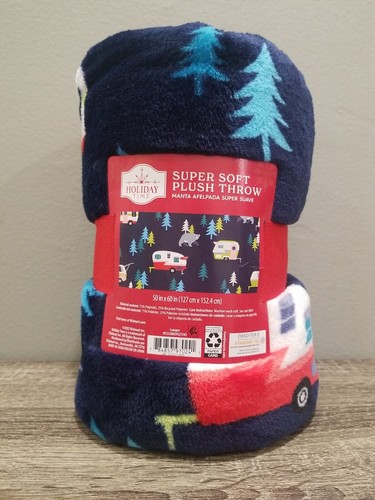 NEW SUPER SOFT COZY PLUSH THROW BLANKET 50" X 60" CAMPER WITH BEARS & TREES BLUE
