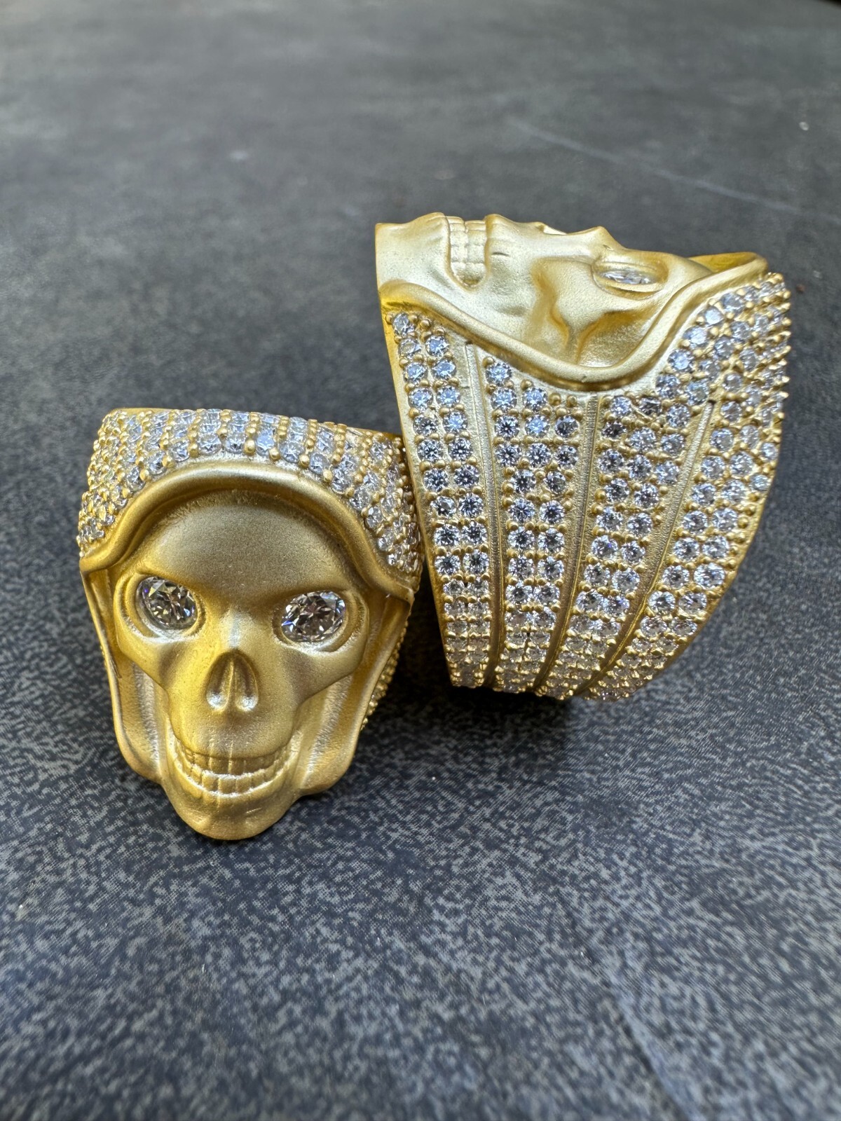 Pre-owned Silver Moissanite Iced Heavy Death Skull Ring Matte Real 14k Gold Over 925  In White
