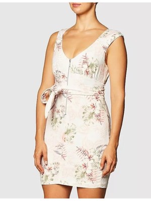 GUESS Женское белое короткое платье-футляр с поясом и открытой спиной на подкладке без рукавов 4