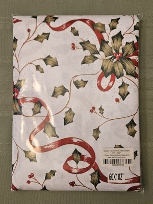 Christmas Ribbon Holly Printed Tablecloth 60'' x 102'' Tektrum