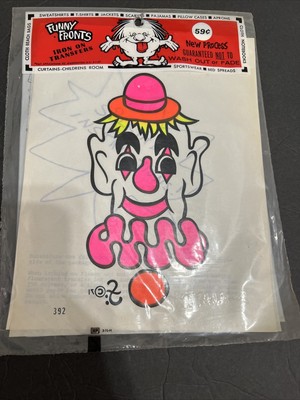 Vintage Hot Patch Iron On Transfers Clown Face Neon Pink Orange Yellow