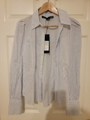 NWT Veronica Beard Verani white blue  Shirt Size L original price $248