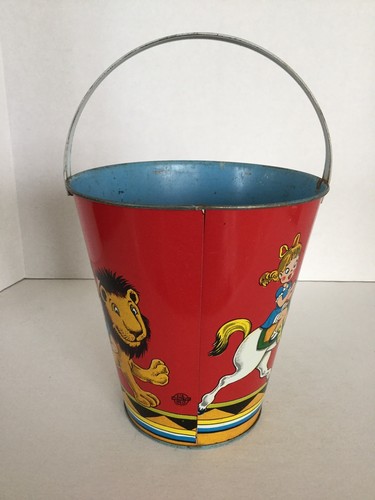 Vintage US Metal Toy Mfg Co Large Tin Litho Sand Pail With Circus Theme Animals