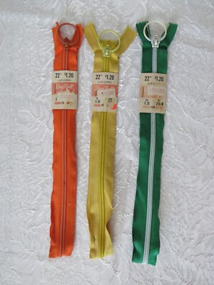 LOT/3 UNUSED VINTAGE 22'' RING PULL ZIPPERS J&P COATS ORANGE, GREEN, YELLOW USA