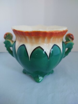 Czechoslovakia Art Pottery Cache Pot - Green, Orange, and White - Dragon Handles
