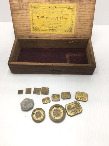 Antique Brass Hanging Balance Scale In Box With Weights