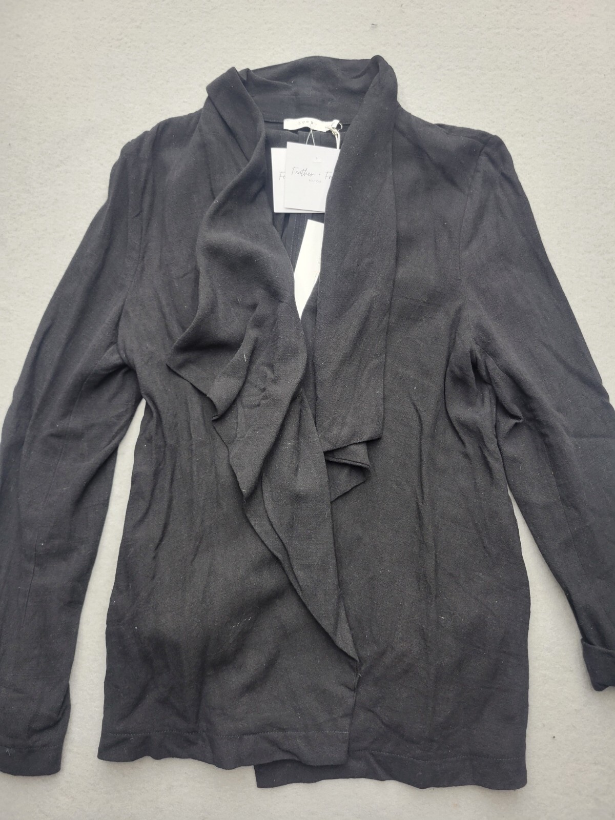 Lush Women's Jacket Coatigan Small Black Ruffled Lapel Solid Open Rayon Blend